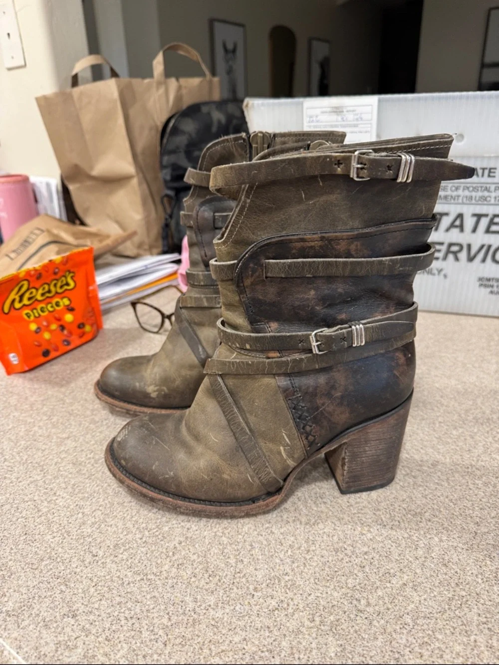 freebird Distressed Brown Leather Buckle Heeled Ankle Boots - Picture 2 of 7